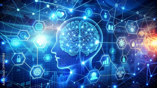 Digital Brain: AI & Networked Thinking Stock Image High-Resolution