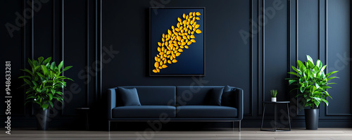 Wallpaper Mural Stylish interior with a modern couch, vibrant artwork, and lush plants against a dark wall, creating a cozy atmosphere. Torontodigital.ca