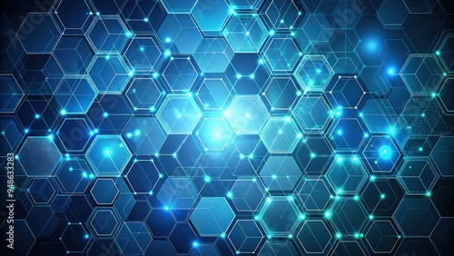 Futuristic geometric abstract background featuring a pattern of interconnected hexagons in blue and white, symbolizing advanced technology and medical science, with light reflections and subtle gradie