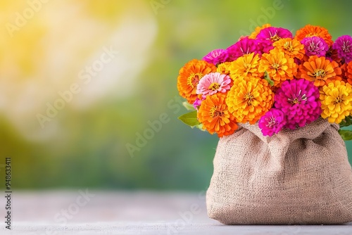 A sack of colorful birthday flowers, like zinnias and dahlias, spilling out in a joyful, carefree display, birthday flowers sack, carefree birthday bouquet photo