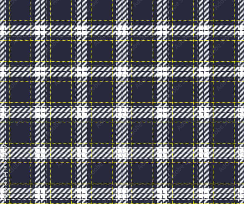 Obraz premium Plaid fabric pattern, navy blue, white, yellow, seamless for textile and design clothes skirt pants apron tablecloth blanket or decoration fabric. Vector illustration.