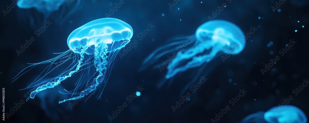 Enchanting image of glowing blue jellyfish gracefully swimming in dark ocean waters, creating a mesmerizing display of bioluminescence. Enchanting image of glowing blue jellyfish gracefully swimming in dark ocean waters, creating a mesmerizing display of bioluminescence.