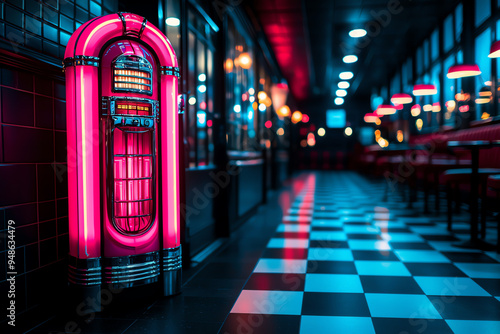 Vibrant retro diner interior featuring a classic jukebox and checkered floor, illuminated by neon lights.