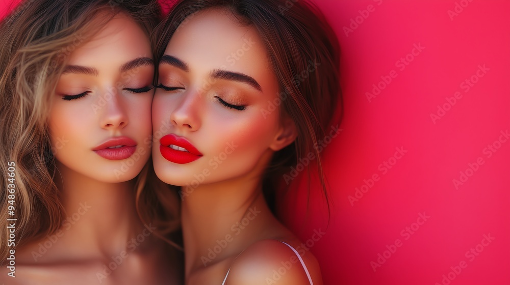 Two girls kissing share, romantic Two girls kissing share, romantic