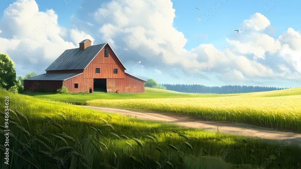 137. **A traditional farm with a large barn and fields of green wheat. 137. **A traditional farm with a large barn and fields of green wheat.