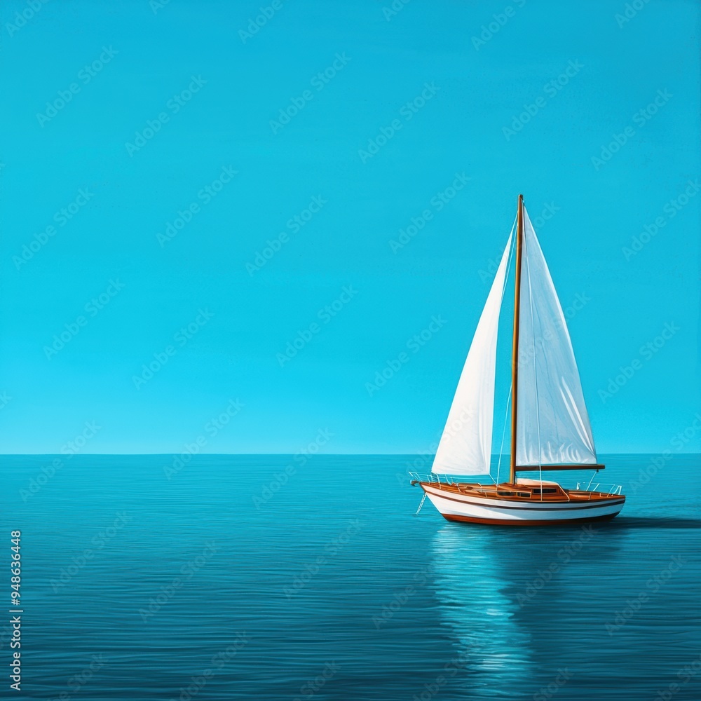 Fototapeta premium Serene Sailboat Journey on Tranquil Clear Blue Water Under the Bright Summer Sky