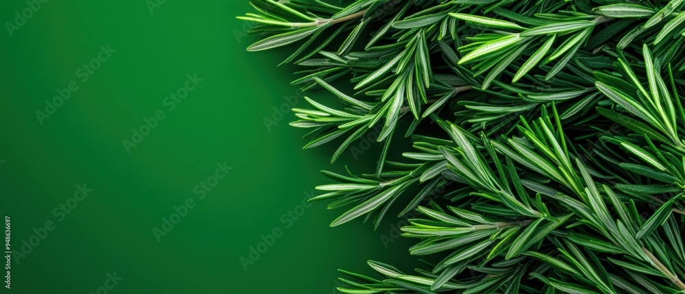 Fototapeta premium Close-up of Fresh Green Rosemary Leaves on a Vivid Green Background