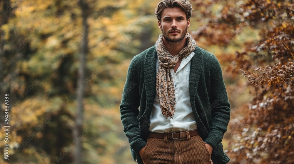 fall fashion inspiration, a stylish man in a green wool cardigan, white shirt, corduroy pants, silk scarf, and leather loafers exudes elegance for autumn fashion fall fashion inspiration, a stylish man in a green wool cardigan, white shirt, corduroy pants, silk scarf, and leather loafers exudes elegance for autumn fashion