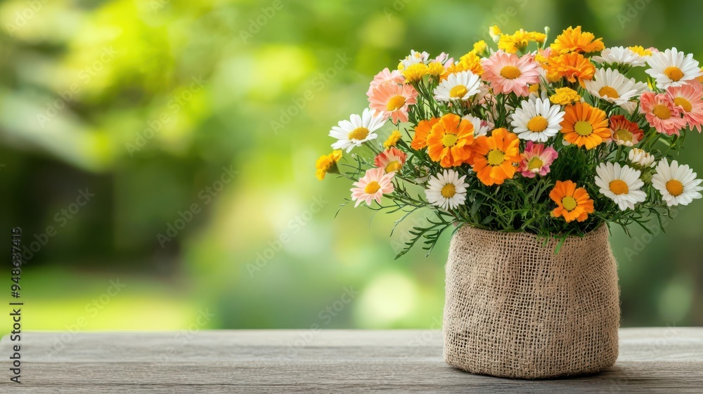Rustic sack with daisies and marigolds, perfect for a sunny birthday surprise, birthday flowers sack, sunny floral arrangement Rustic sack with daisies and marigolds, perfect for a sunny birthday surprise, birthday flowers sack, sunny floral arrangement