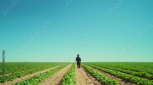 134. **A farmer inspecting a field of lettuce with a clear blue sky overhead.