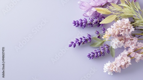 Soft lavender color palette, calming pastel shades, floral swatch, isolated on white background photo