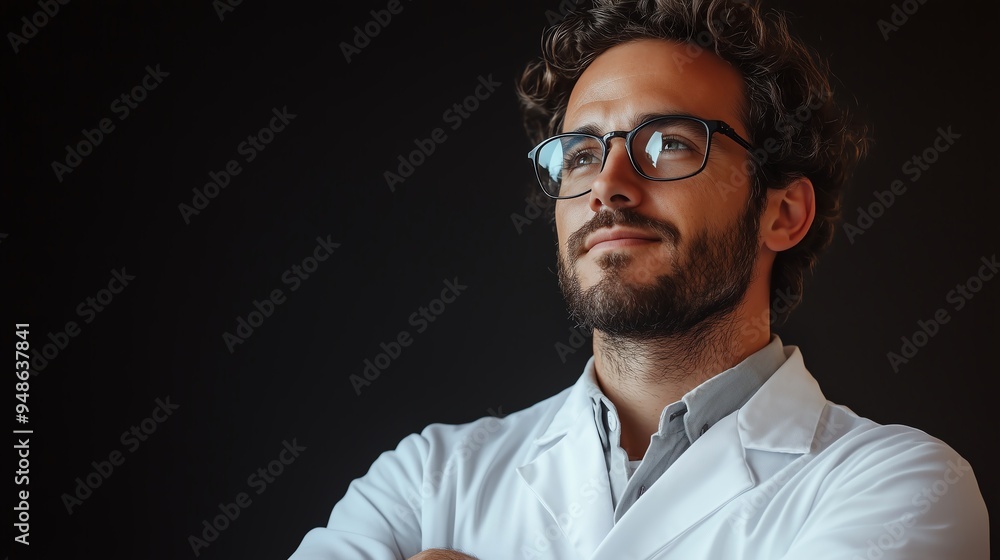 the man scientist in thinking pose isolated on black background the man scientist in thinking pose isolated on black background