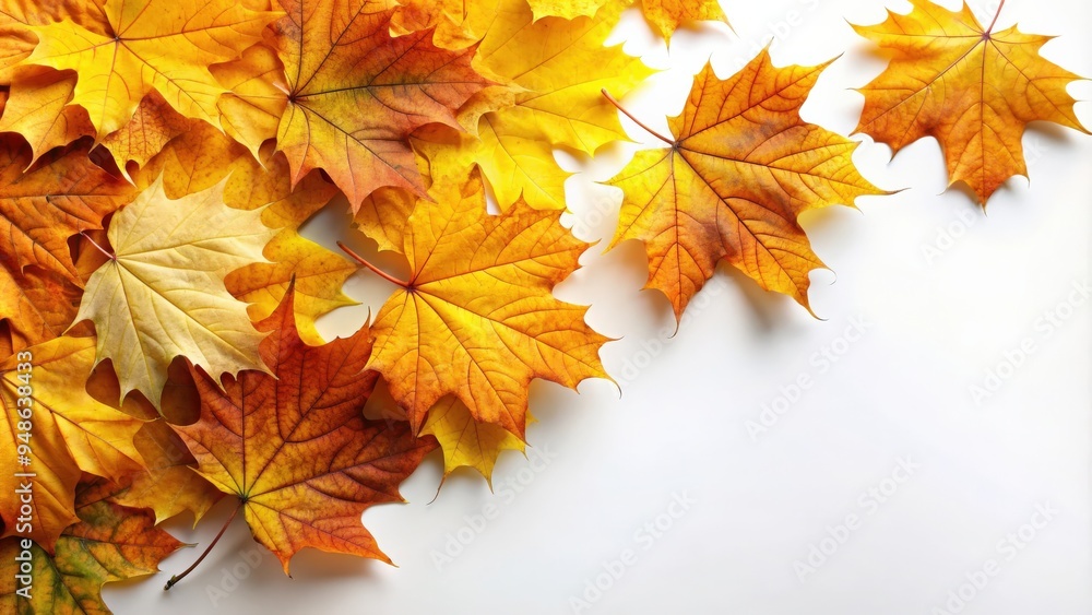 Vibrant golden autumn leaves against a white background, autumn, fall, foliage, golden, season, nature, colorful Vibrant golden autumn leaves against a white background, autumn, fall, foliage, golden, season, nature, colorful