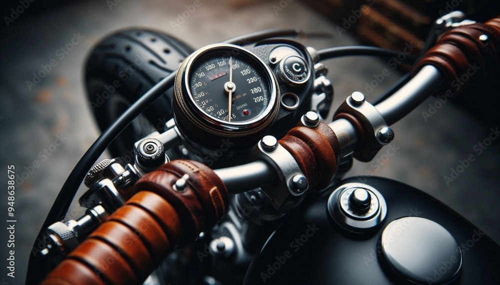 Fototapeta premium Custom Motorcycle Handlebar with Classic Speedometer and Leather Grip