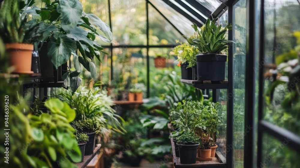 A variety of plants are arranged on shelves in a greenhouse. A variety of plants are arranged on shelves in a greenhouse.