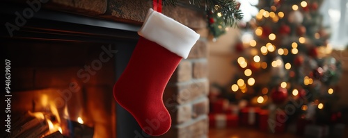 Christmas stocking mockup hanging on fireplace photo