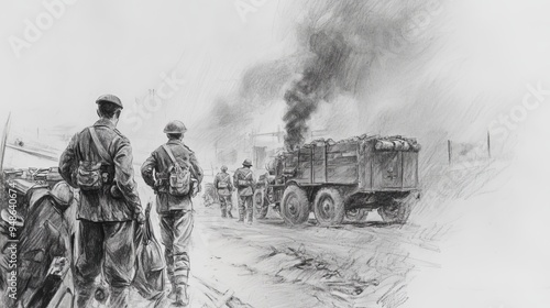 Pencil sketch of a World War I scene, capturing the era's historical depth and emotional intensity photo