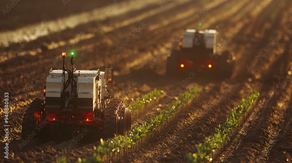 131. **A modern farm with automated planting equipment working in a ...