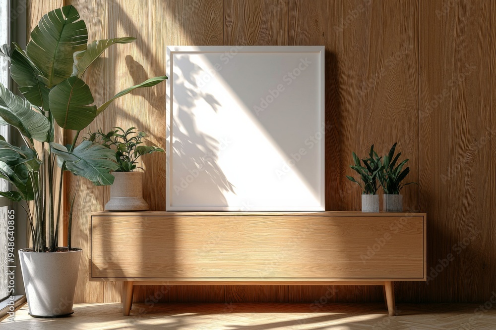 Fototapeta premium Poster Frame Mockup on Wooden Interior Background created with Generative AI