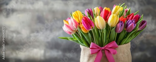 Wallpaper Mural Sack filled with multicolored tulips for a spring birthday, arranged artfully with a bow for a fresh and lively look, birthday flowers sack, spring tulip bouquet Torontodigital.ca