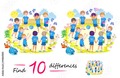 Find 10 differences. Illustration of happy boys playing football in the yard. Logic puzzle game for children and adults. Educational page for kids brain teaser book. Vector drawing.