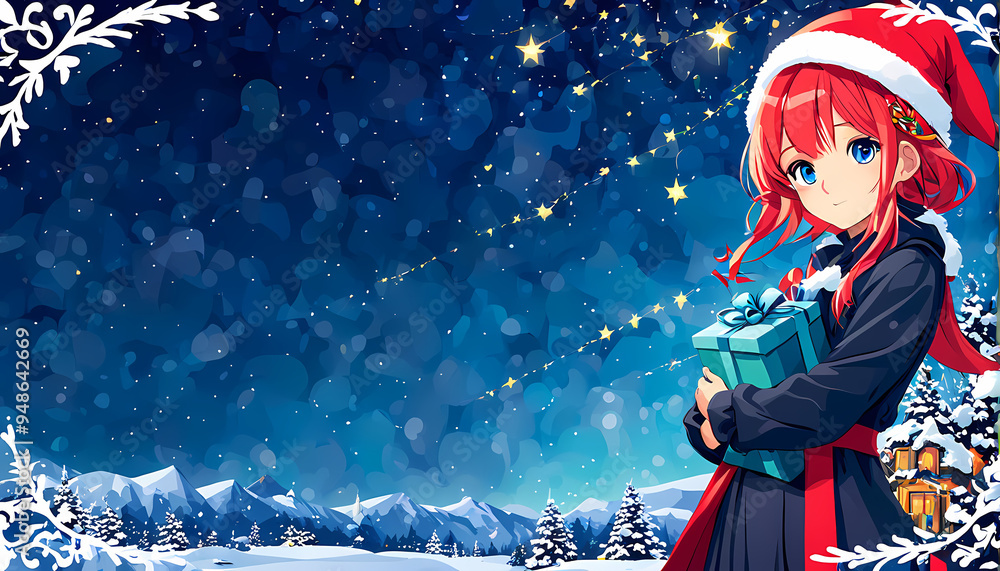 Festive Anime Girl in Santa Hat Holding a Gift in a Snowy Christmas Scene Festive Anime Girl in Santa Hat Holding a Gift in a Snowy Christmas Scene