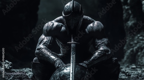 Dark warrior in armor sits with sword 5