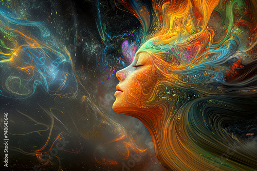 Surreal portrait of a woman's face with vibrant, swirling cosmic energy blending into her hair, symbolizing creativity and imagination against a dark, starry background.