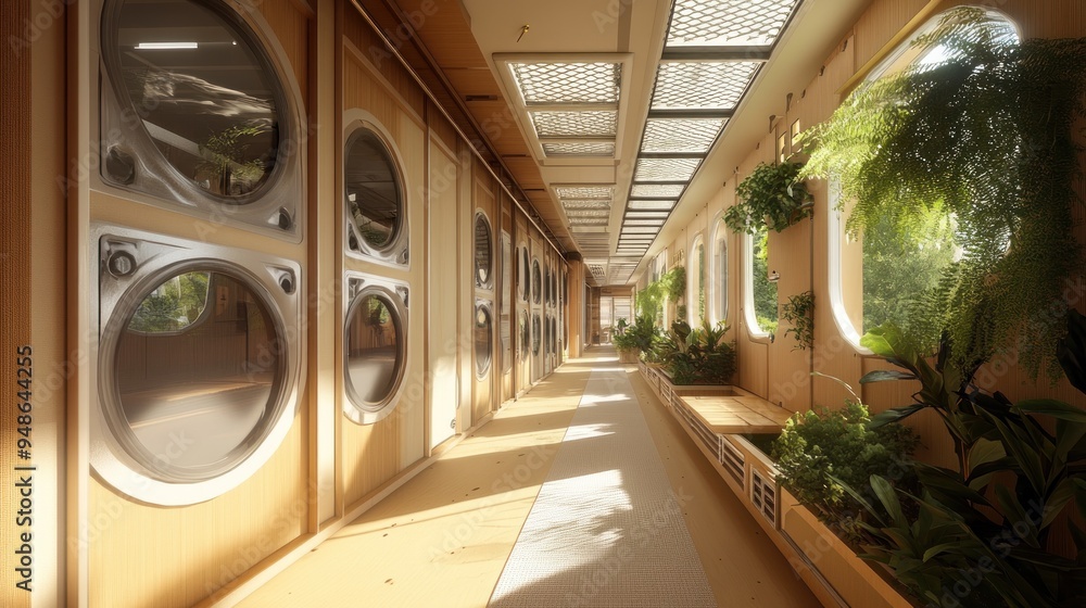 Obraz premium Sunlight streams through the large windows of a long, narrow hallway, illuminating the wooden walls and potted plants.