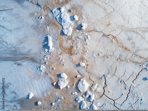 Aerial view of a cracked, white, and dry landscape with scattered rocks.