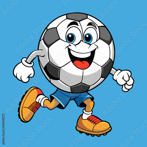soccer groovy style cute cartoon character with face, arms and legs, vector illustration