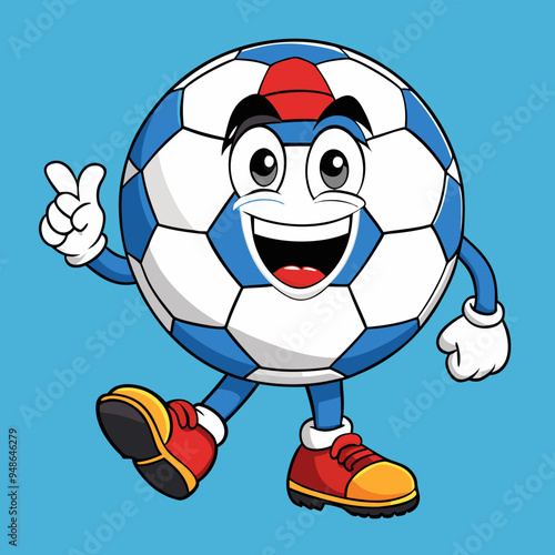 soccer groovy style cute cartoon character with face, arms and legs, vector illustration