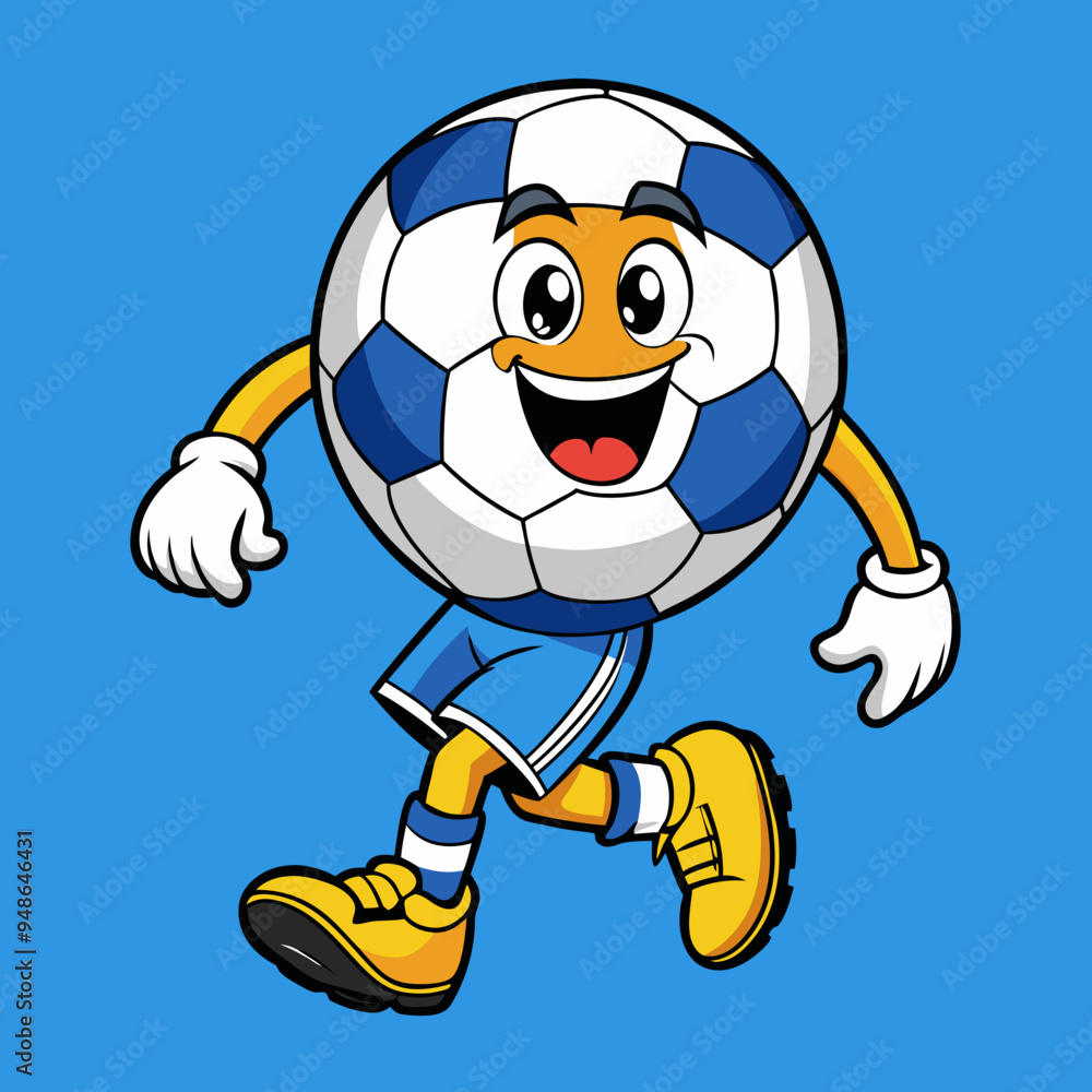 Obraz premium soccer groovy style cute cartoon character with face, arms and legs, vector illustration