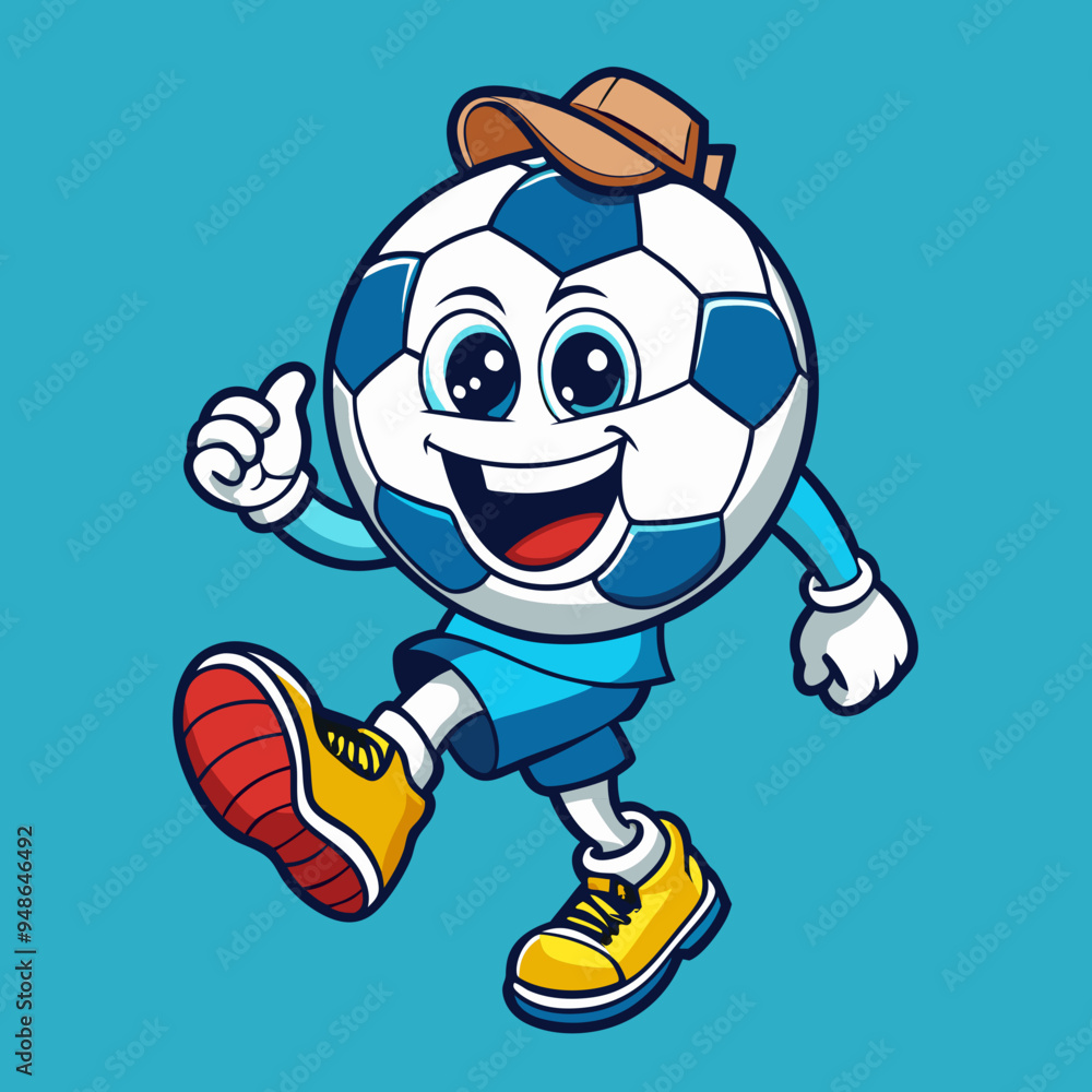 Obraz premium soccer groovy style cute cartoon character with face, arms and legs, vector illustration
