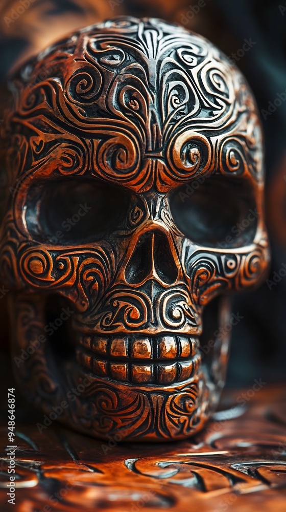 Obraz premium Ornate Copper Skull with Intricate Carvings