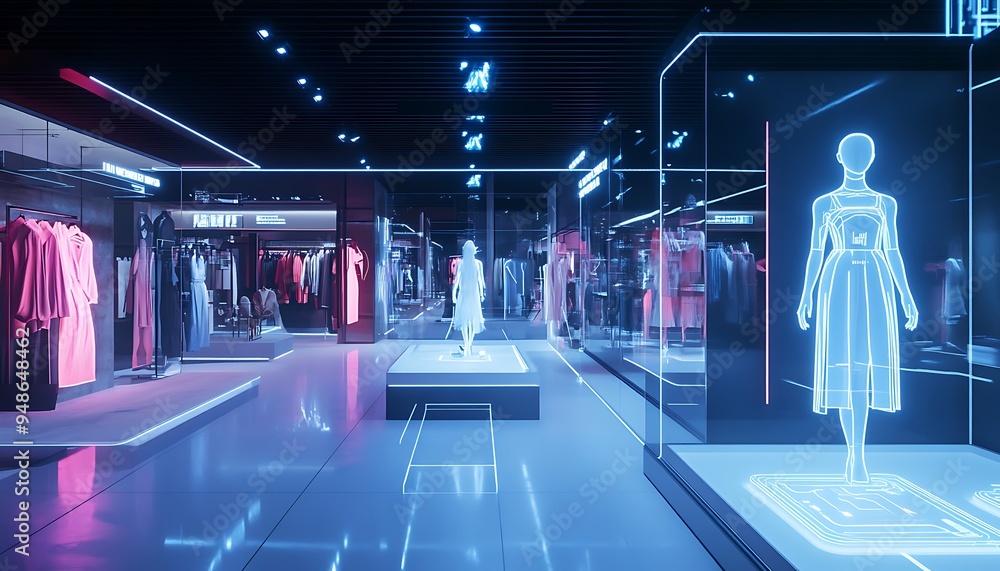 Futuristic Retail Experience with Virtual Fitting Rooms and AI-Generated Avatars, Stylish and Advanced Shopping Environment, Photo Realistic