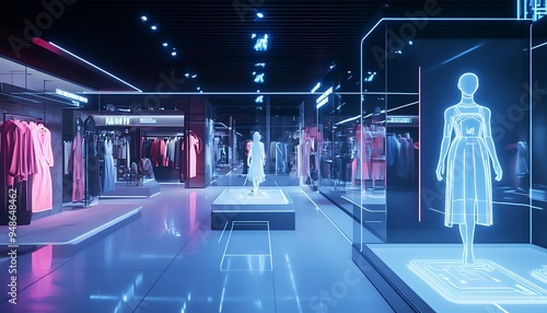 Obraz na płótnie Futuristic Retail Experience with Virtual Fitting Rooms and AI-Generated Avatars, Stylish and Advanced Shopping Environment, Photo Realistic w salonie
