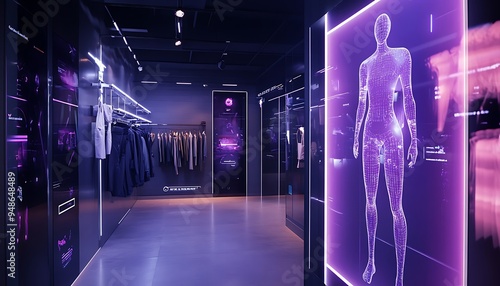 Futuristic Retail Experience with Virtual Fitting Rooms and AI-Generated Avatars, Stylish and Advanced Shopping Environment, Photo Realistic