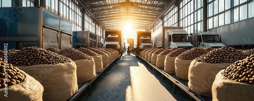 A logistics center with rows of coffee bean bags being loaded onto trucks