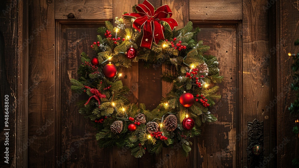 This elegant scene features a lush green wreath adorned with vibrant red bows and shiny baubles, beautifully placed on a rustic wooden door, inviting guests into a cozy holiday setting. This elegant scene features a lush green wreath adorned with vibrant red bows and shiny baubles, beautifully placed on a rustic wooden door, inviting guests into a cozy holiday setting.