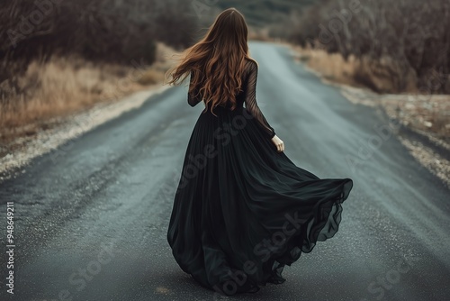 A woman with long brown hair in a black silk dress walking on the... photo