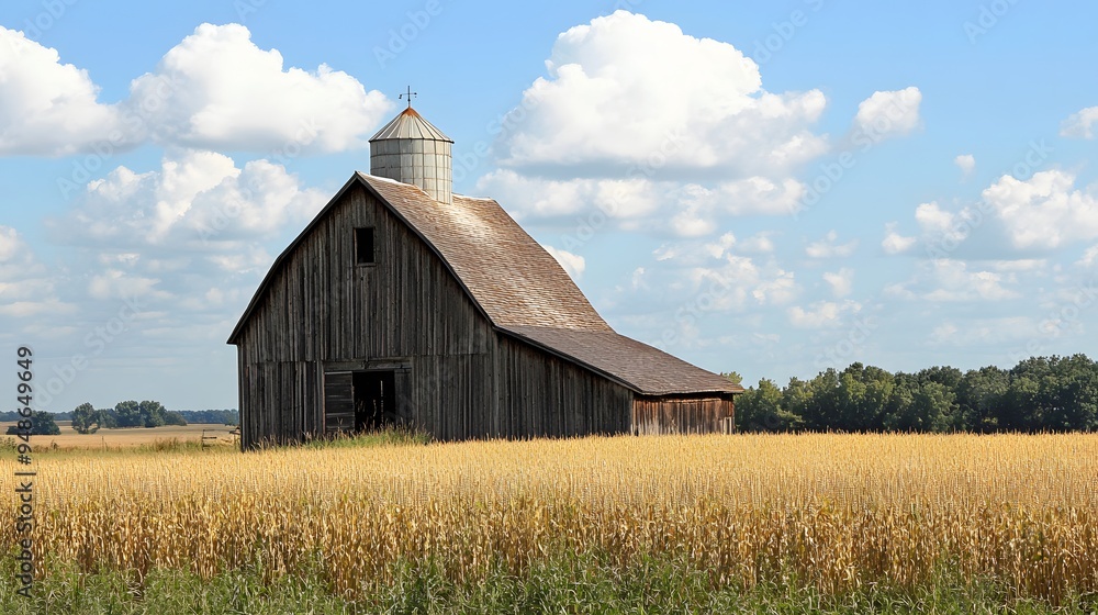 121. **A traditional wooden barn with a silo and fields of corn and wheat. 121. **A traditional wooden barn with a silo and fields of corn and wheat.
