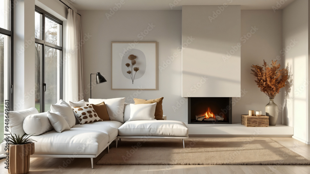 White corner sofa next to the fireplace. Modern living room interior design. White corner sofa next to the fireplace. Modern living room interior design.