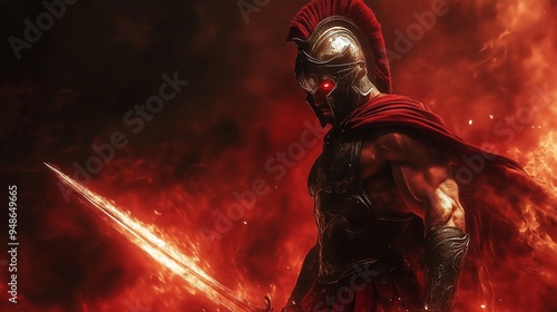 Ancient warrior in full armor with a red , spartan	