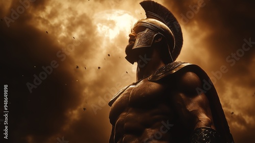 Ancient warrior in full armor with a red , spartan	