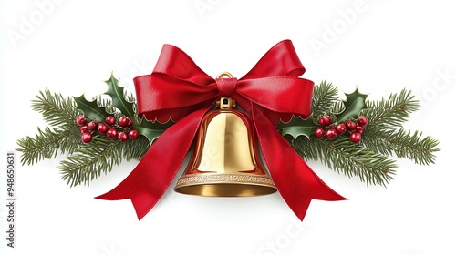 The image depicts a festive Christmas bell adorned with a large, bright red ribbon tied in a bow
