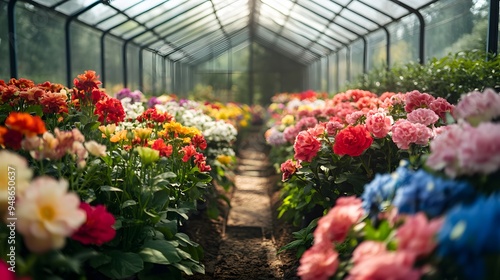 122. **A modern greenhouse with rows of vibrant flowers in full bloom.