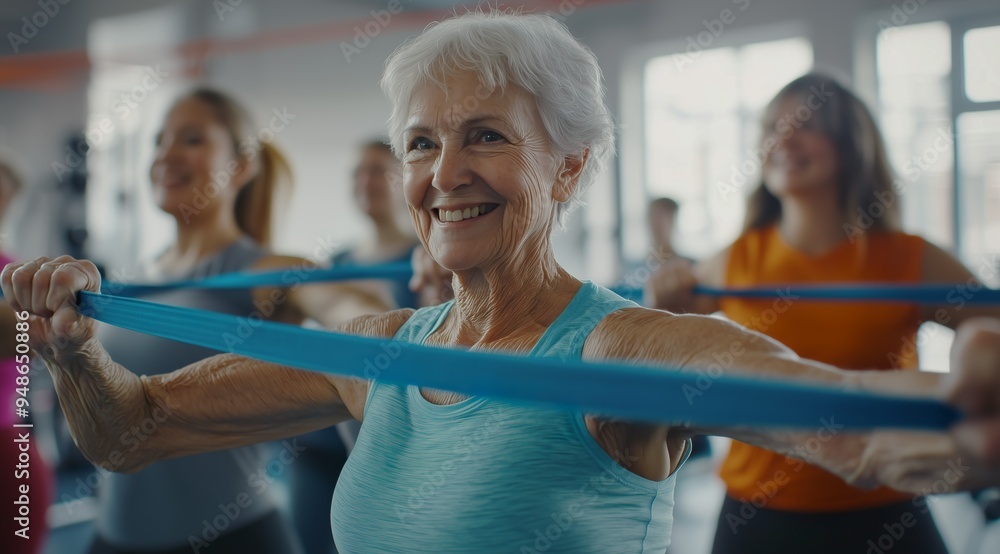 An elderly woman performs chest and arm stretches using an athletic... An elderly woman performs chest and arm stretches using an athletic...