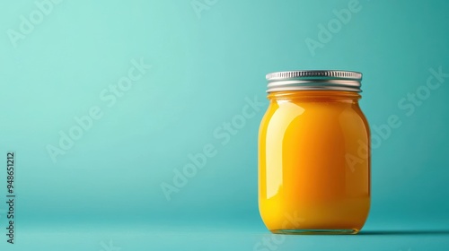 Vibrant Orange Jam Jar on Teal Background Brought to Life in a Minimalistic Composition