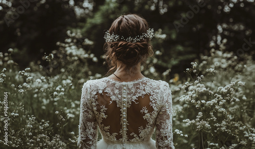 Bride in wedding dress standing in garden of white flowers 